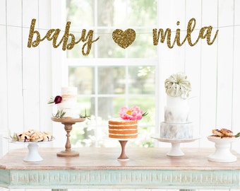 Baby Name banner, Baby Shower Banner with personalized name, Gold Glitter party decor, Baby Announcement, nursery decor, cursive banner