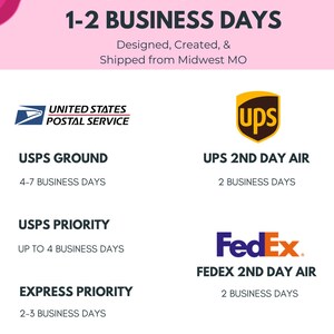 May include: A white and pink graphic with text that reads "ORDERS SHIP 1-2 BUSINESS DAYS." It also displays logos for USPS, UPS, and FedEx, with shipping time estimates for each service.