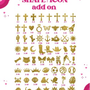 May include: A chart of gold glitter icons and shapes, including crosses, hearts, rings, butterflies, and more. The text "SHAPE / ICON add on" is at the top, with "LET'S GET THE PARTY STARTED!" at the bottom.