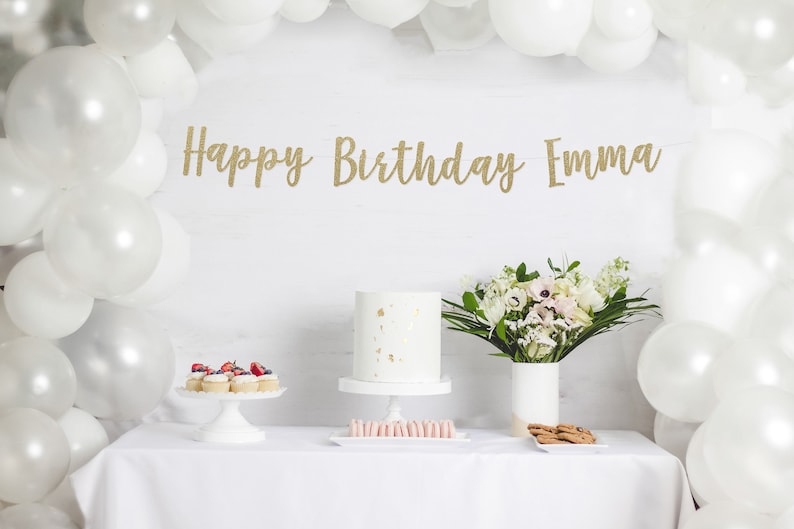 HAPPY BIRTHDAY BANNER, happy birthday decorations, happy birthday custom banner, custom name banner, cursive glitter banner, party banners image 1