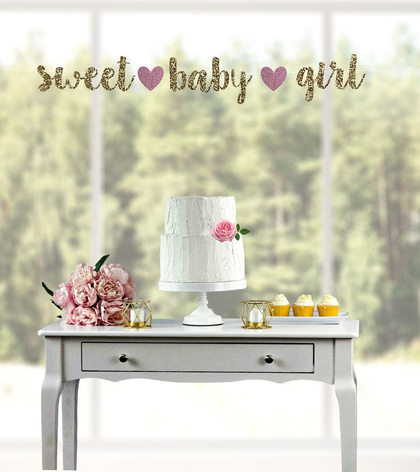 Sweet Baby Girl Birthday Banner - 60 Inch Pink & Gold Glitter Garland, Pre-Strung Party Decor - View #3