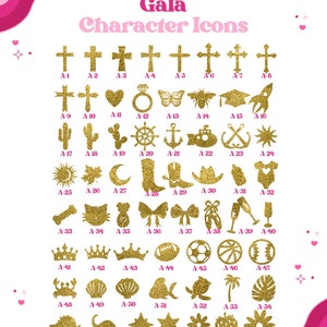 May include: A chart of 61 gold glitter icons with letter and number labels. The icons include a cross, heart, ring, butterfly, bee, graduation cap, rocket, cactus, steering wheel, anchor, submarine, sun, moon, cowboy boot, cowboy hat, bone, cat, teddy bear, bow, champagne flute, crown, football, soccer ball, basketball, baseball, crab, seashell, turtle, palm tree, monstera leaf, dinosaur, star, flower, and strawberry.