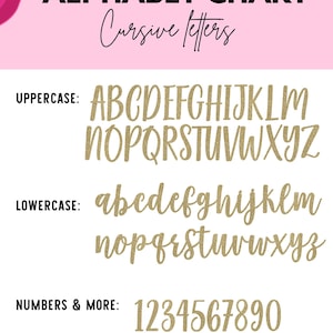 May include: Alphabet chart with cursive letters. Uppercase and lowercase letters, numbers, and symbols are displayed in a gold glitter font. The chart is on a white background with a pink and magenta design in the upper left corner.
