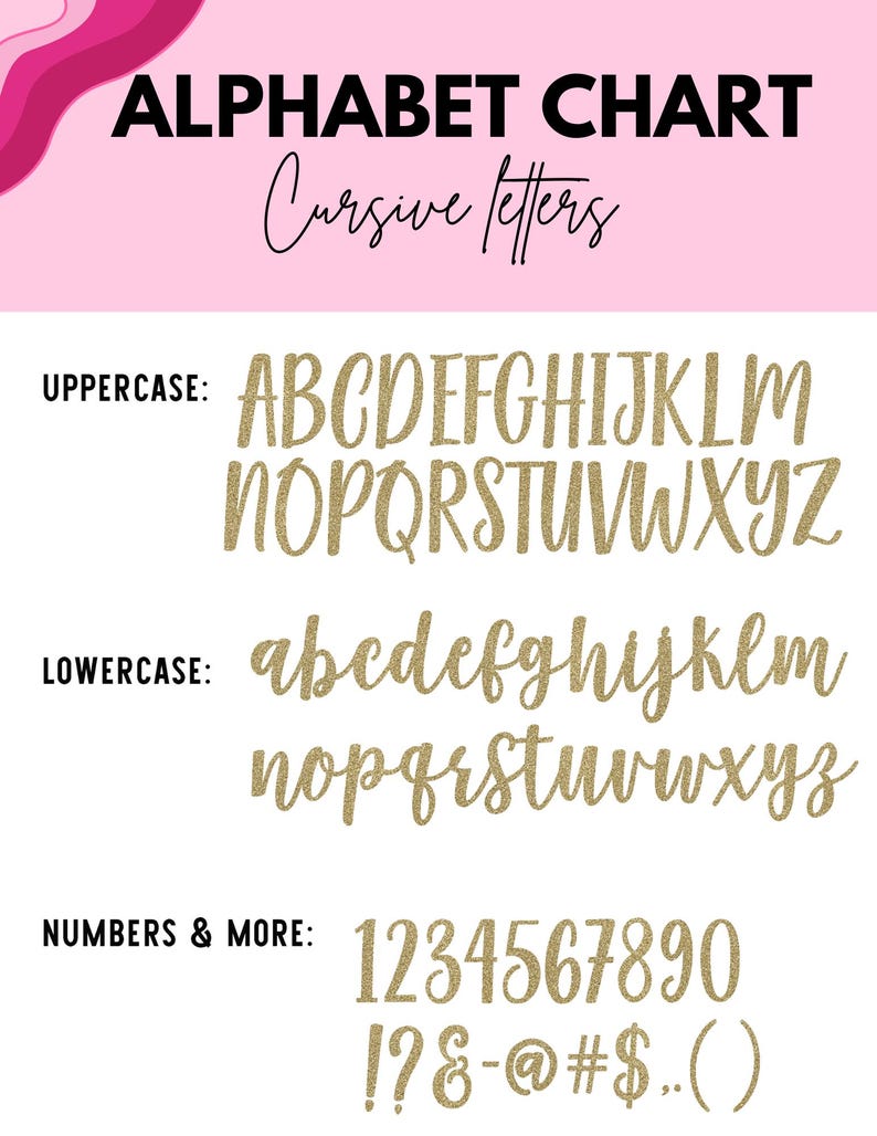May include: Alphabet chart with cursive letters. Uppercase and lowercase letters, numbers, and symbols are displayed in a gold glitter font. The chart is on a white background with a pink and magenta design in the upper left corner.