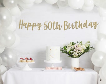 Happy 50th Birthday Banner, 50th birthday banner, Cheers to 50 years banner, Gold Glitter Party decorations, custom birthday banner, cursive