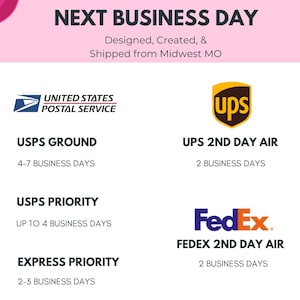 May include: A pink and white graphic with the text "ORDERS SHIP NEXT BUSINESS DAY" and information about shipping options and delivery times for USPS, UPS, and FedEx. The text also states "Designed, Created, & Shipped from Midwest MO".