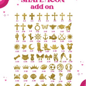 May include: A chart of gold glitter icons and shapes, including crosses, hearts, rings, butterflies, and more. The text "SHAPE / ICON add on" is at the top, with "LET'S GET THE PARTY STARTED!" at the bottom.