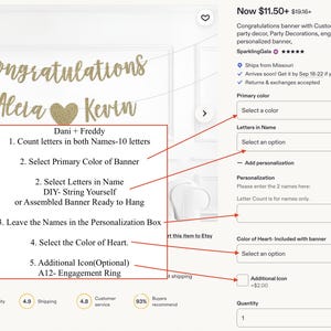 May include: A gold glitter banner featuring the text Congratulations, the names Alicia and Kevin, and a heart symbol. The image includes instructional text for ordering, such as Dani + Freddy, count letters in both names, select primary colour, and select letters in name.