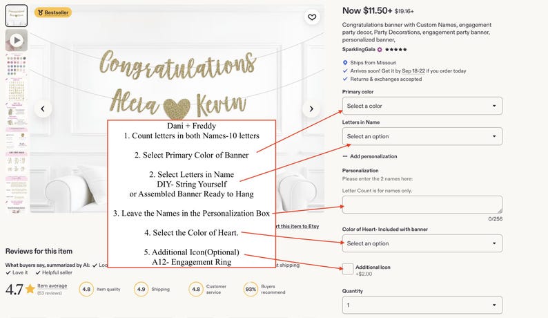 May include: A gold glitter banner featuring the text Congratulations, the names Alicia and Kevin, and a heart symbol. The image includes instructional text for ordering, such as Dani + Freddy, count letters in both names, select primary colour, and select letters in name.