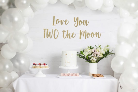 Love You Two the Moon Banner, second birthday banner, 2nd birthday banner,  Photo Prop, 2nd Party Decor, Two Glitter Banner, 2nd birthday