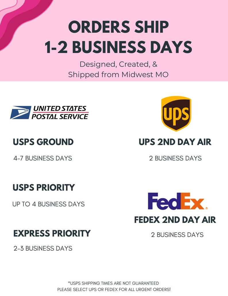 May include: A white and pink graphic with text that reads "ORDERS SHIP 1-2 BUSINESS DAYS." It also displays logos for USPS, UPS, and FedEx, with shipping time estimates for each service.