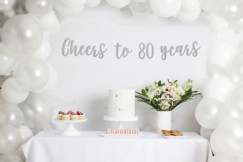 Cheers to 80 Years Banner, 80th Birthday Party, 80th Anniversary, 80th Birthday Sign, 80th Birthday Decor, Glitter Banner, 80th Party Banner image 2