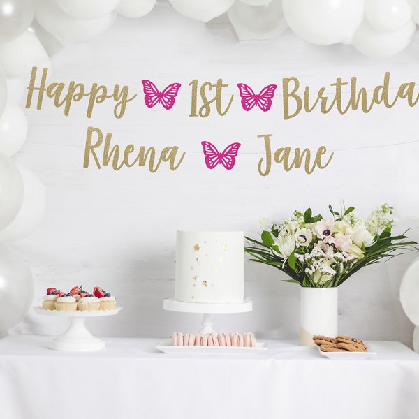 HAPPY 1st BIRTHDAY BANNER, happy birthday decorations, happy birthday custom banner, custom name banner, cursive glitter banner, butterfly