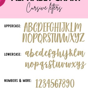 May include: Alphabet chart with uppercase and lowercase letters in cursive font, along with numbers and symbols. The letters and numbers are gold glitter.