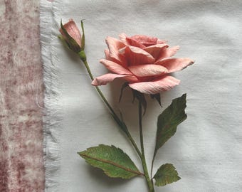 Handcrafted Crepe Paper Rose, Red Mauve Floral Decor