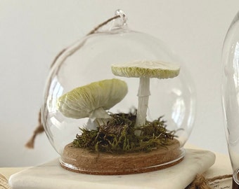 Handcrafted Paper Mushroom Glass Dome Ornament, Fairy Decor