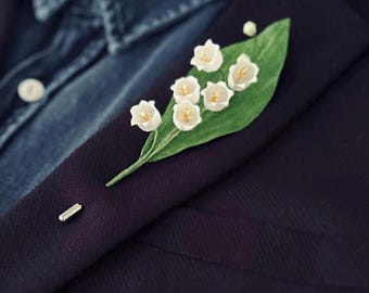 Handcrafted Lily of the Valley Lapel Pin. Dainty Realistic floral accessory. Unique Paper flower brooch. Botanical keepsakes. Wearable Art.