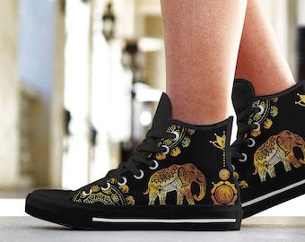 Ethnic Elephant Women's High Top Sneakers  -Black Version