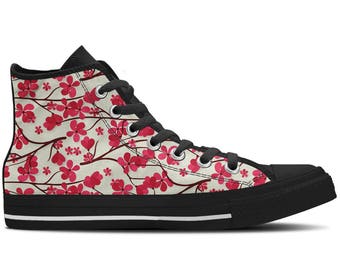 Cherry Blossom - Women's Sneaker High Top with Flower Print / Custom Canvas Shoes -Black