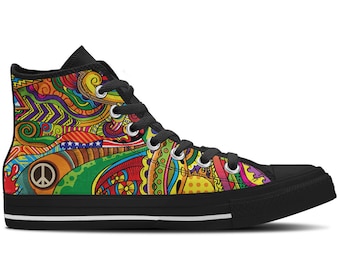 Men's High Top Sneaker with Colorful Print, Peace Symbol and Black Soles 'Peace of Color' - Multicolored/Black