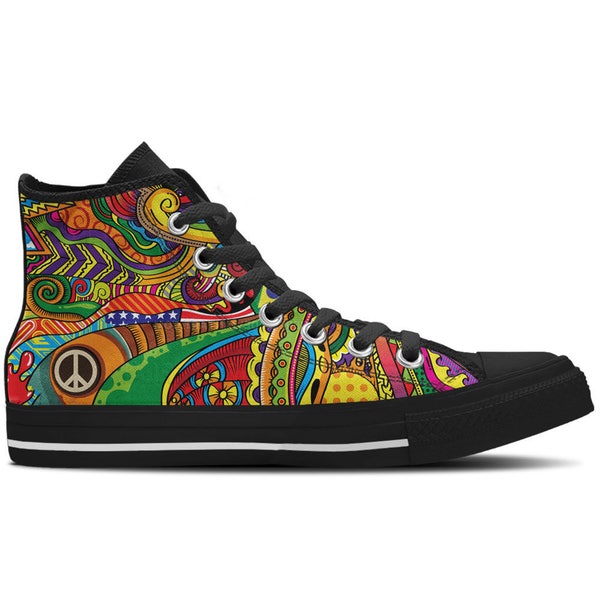 Men's High Top Sneaker with Colorful Print, Peace Symbol and Black Soles 'Peace of Color' - Multicolored/Black