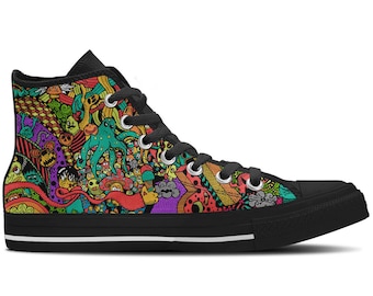 Men's High Top Sneaker with Colorful Cartoon Print and Black Soles 'Colorful Chaos' - Multicolored/Black