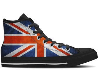 UK Flag British Flag Union Jack Flag - Men's High Top Sneakers / Custom Canvas Shoes - Black