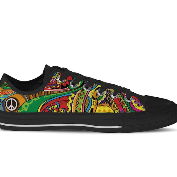 Women's Low Top Sneaker with Colorful Print, Peace Symbol and Black Soles 'Peace of Color' - Multicolored/Black