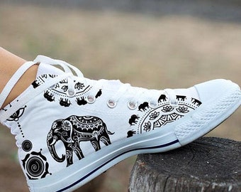 Ethnic Elephant Women's High Top Sneakers -White Version