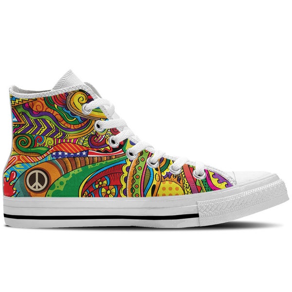 Women's High Top Sneaker with Colorful Print, Peace Symbol and White Soles 'Peace of Color' - Multicolored/White