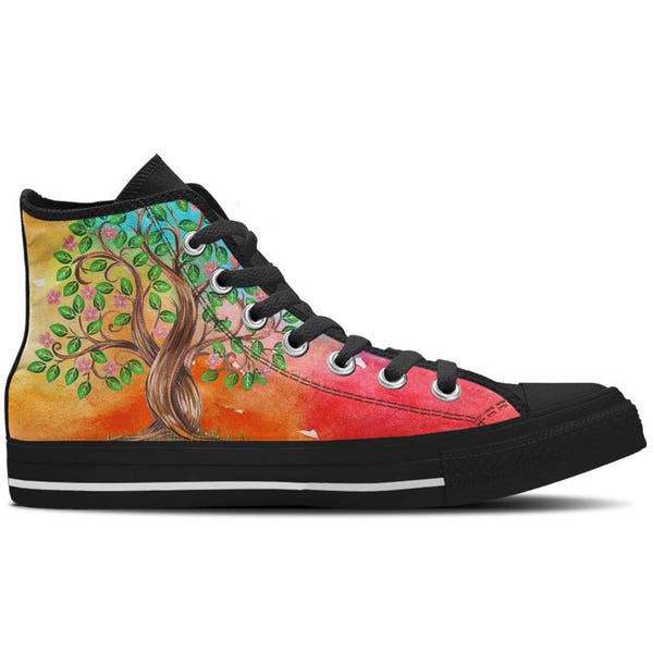 Men's High Top Sneaker with Bright Watercolor Print and Black Soles 'Eden' - Multicolored/Black