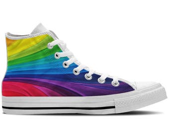 Rainbow Colors - Men's High Top Sneakers / Custom Canvas Shoes with Colorful Design -White
