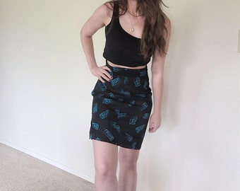 Vintage / Retro / 00s Zwart en Turquoise Mini Rok / 00s Boho Midi Rok / Y2K Boho Black Mini Rok / 90s Zwarte Midi Rok / Zwart en Turkoois