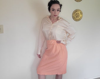 Vintage/ Retro/ 60s Peach Polka Dot Pencil Skirt/ 60s Polka Dot Midi Skirt/ Vtg Pink Polka Dot Skirt/ 60s Retro Pencil Skirt/ 60s Pink Skirt