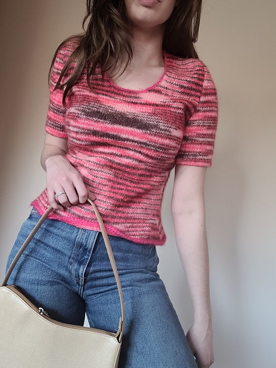 Vintage/ Retro/ 90s/ 00s/ Pink and Brown Knit Shi… - image 3