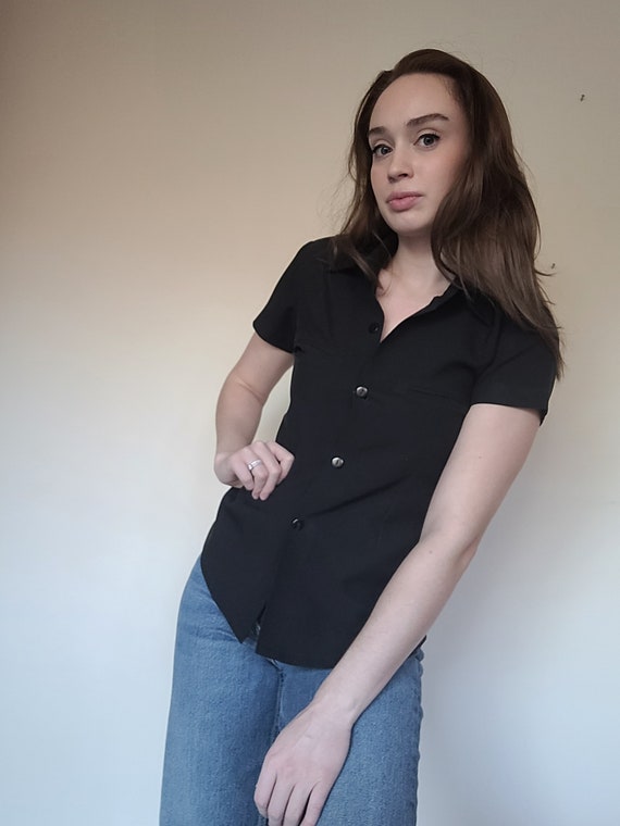 Vintage/ Retro/ 80s Black Buttondown Blouse/ Vtg B