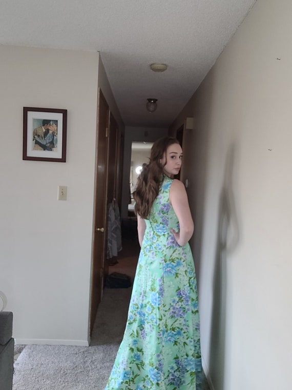 Vintage/ Retro/ Mint Green Floral Maxi Dress/ Vtg… - image 9