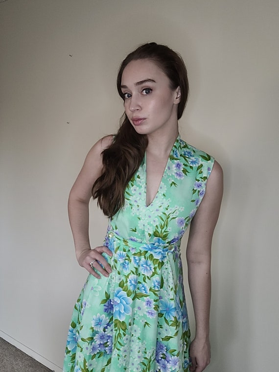 Vintage/ Retro/ Mint Green Floral Maxi Dress/ Vtg 