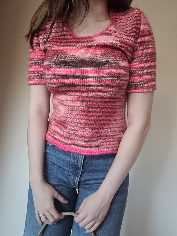 Vintage/ Retro/ 90s/ 00s/ Pink and Brown Knit Shi… - image 4