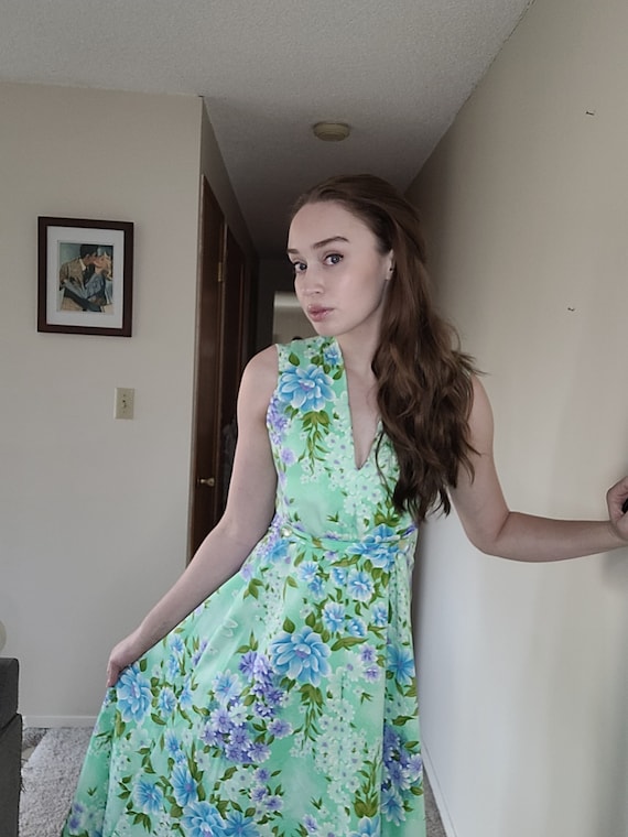 Vintage/ Retro/ Mint Green Floral Maxi Dress/ Vtg… - image 4