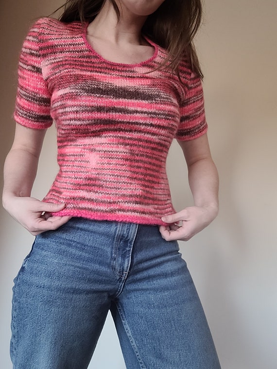 Vintage/ Retro/ 90s/ 00s/ Pink and Brown Knit Shi… - image 5