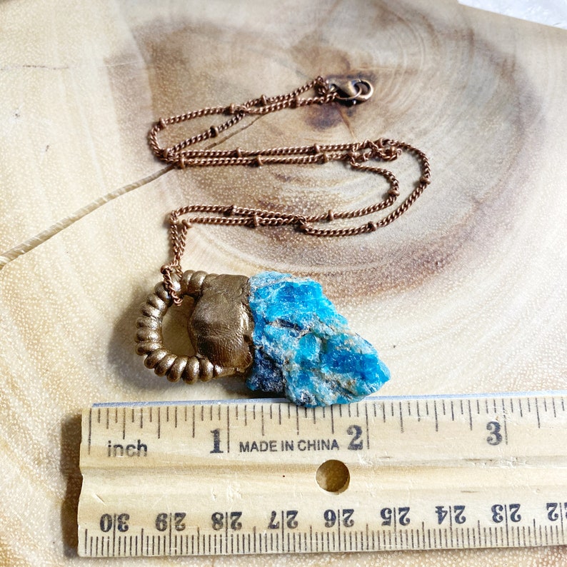 Blue Apatite Charm Necklace Handmade Pendant Crystals Boho Jewelry One of a Kind Copper Chain Gemstones