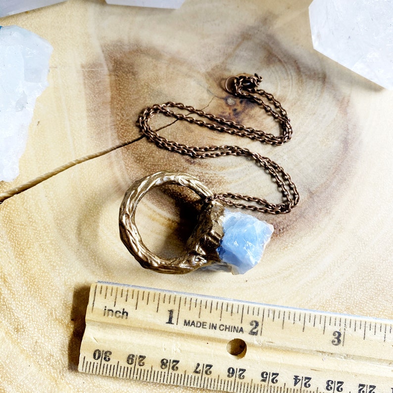 Crystals Blue Calcite Charm Necklace One of a Kind Gemstones Boho Handmade Pendant Copper Chain Jewelry