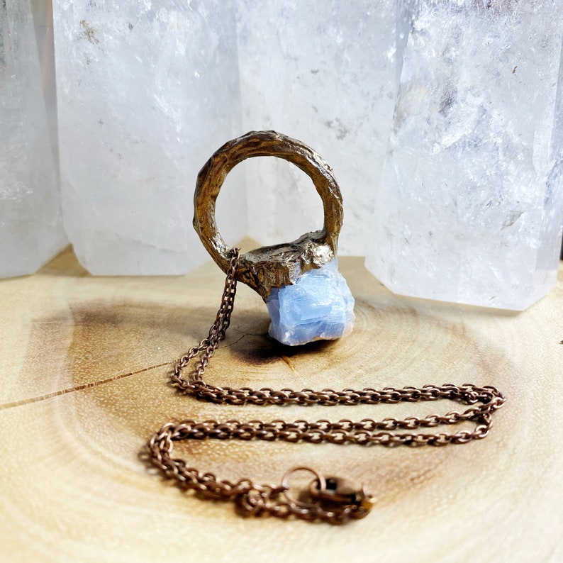 Crystals Blue Calcite Charm Necklace One of a Kind Gemstones Boho Handmade Pendant Copper Chain Jewelry