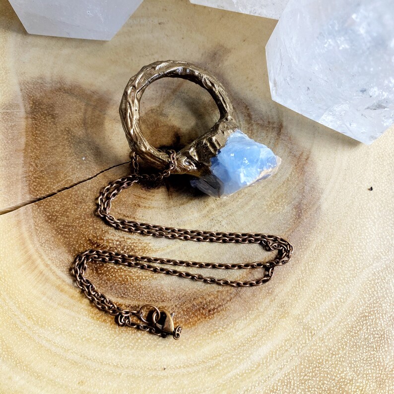 Crystals Blue Calcite Charm Necklace One of a Kind Gemstones Boho Handmade Pendant Copper Chain Jewelry
