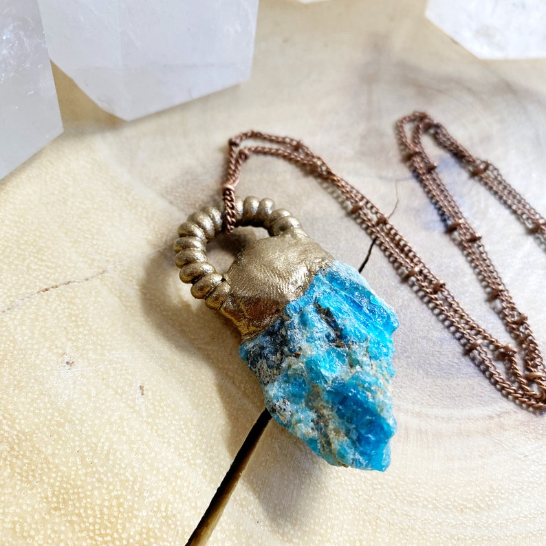 Blue Apatite Charm Necklace Handmade Pendant Crystals Boho Jewelry One of a Kind Copper Chain Gemstones