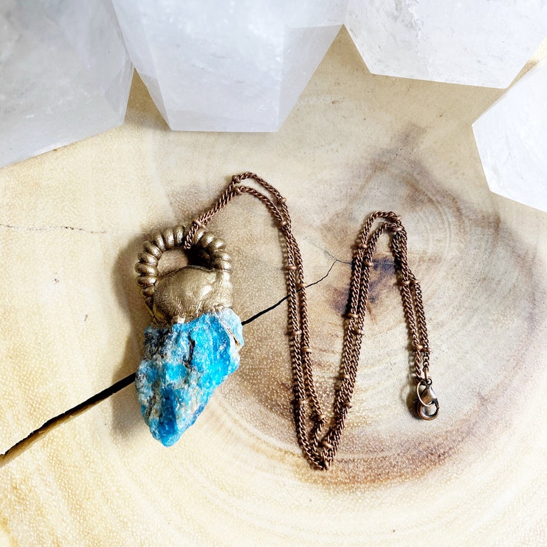 Blue Apatite Charm Necklace Handmade Pendant Crystals Boho Jewelry One of a Kind Copper Chain Gemstones
