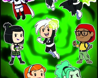May include: A set of 8 cartoon character stickers featuring characters from the animated television series Danny Phantom. The stickers are on a green background with a swirling pattern. The characters include Danny Phantom, his ghost half, his parents, his best friend, and his nemesis.