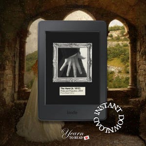 May include: A Kindle e-reader displaying a book cover with a hand reaching out from a frame. The book title is "The Hand (b. 1812)" and the author is "Fitzwilliam Darcy". The text "Pride and Prejudice, 2005" is also visible on the cover.