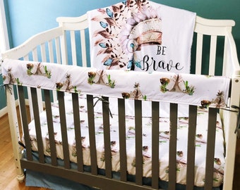 Indian Headdress and Dreamcatcher Baby Boy Quilt and Fitted Sheet Crib Bed Set Baby Boy Crib Set Indian Feather Southwestern Bedding